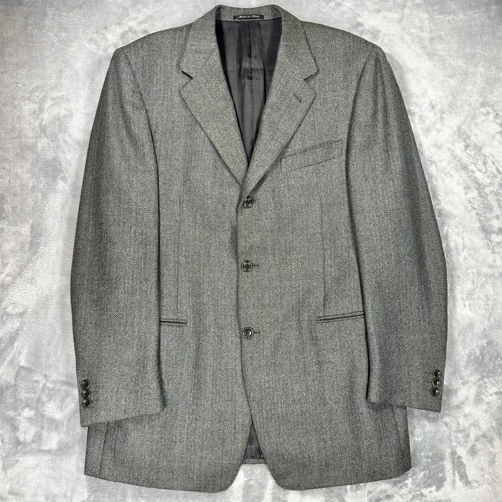 Canali Proposta Mens 52 L Grey Blue Wool Herringbone Blazer Sport Coat Italy